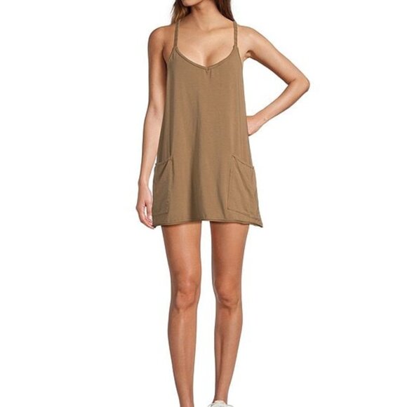 Free People Dresses & Skirts - FP Movement Hot Shot V-Neck Sleeveless Patch Pocket Mini Dress Color Mocha Latte